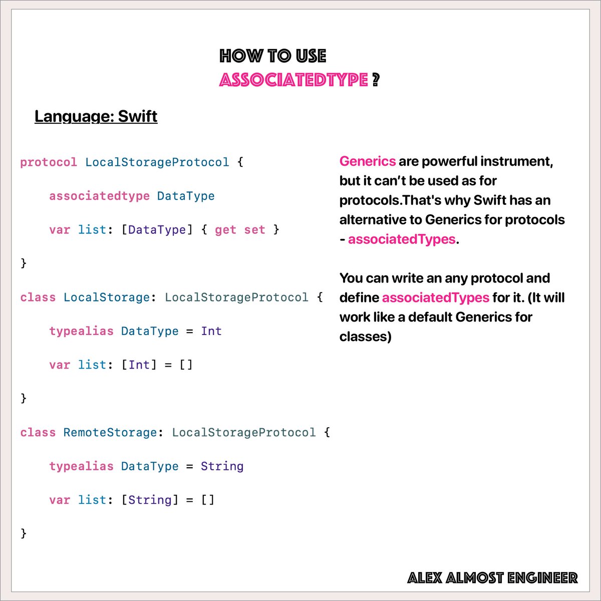 alexksnikol's tweet image. associatedTypes quick intro!
#fasttips #alexalmostengineer #swift #iosdev #iosdeveloper #swiftlang #interviewquestions #coding #coder #code #codinglife #softwaredeveloper #programming