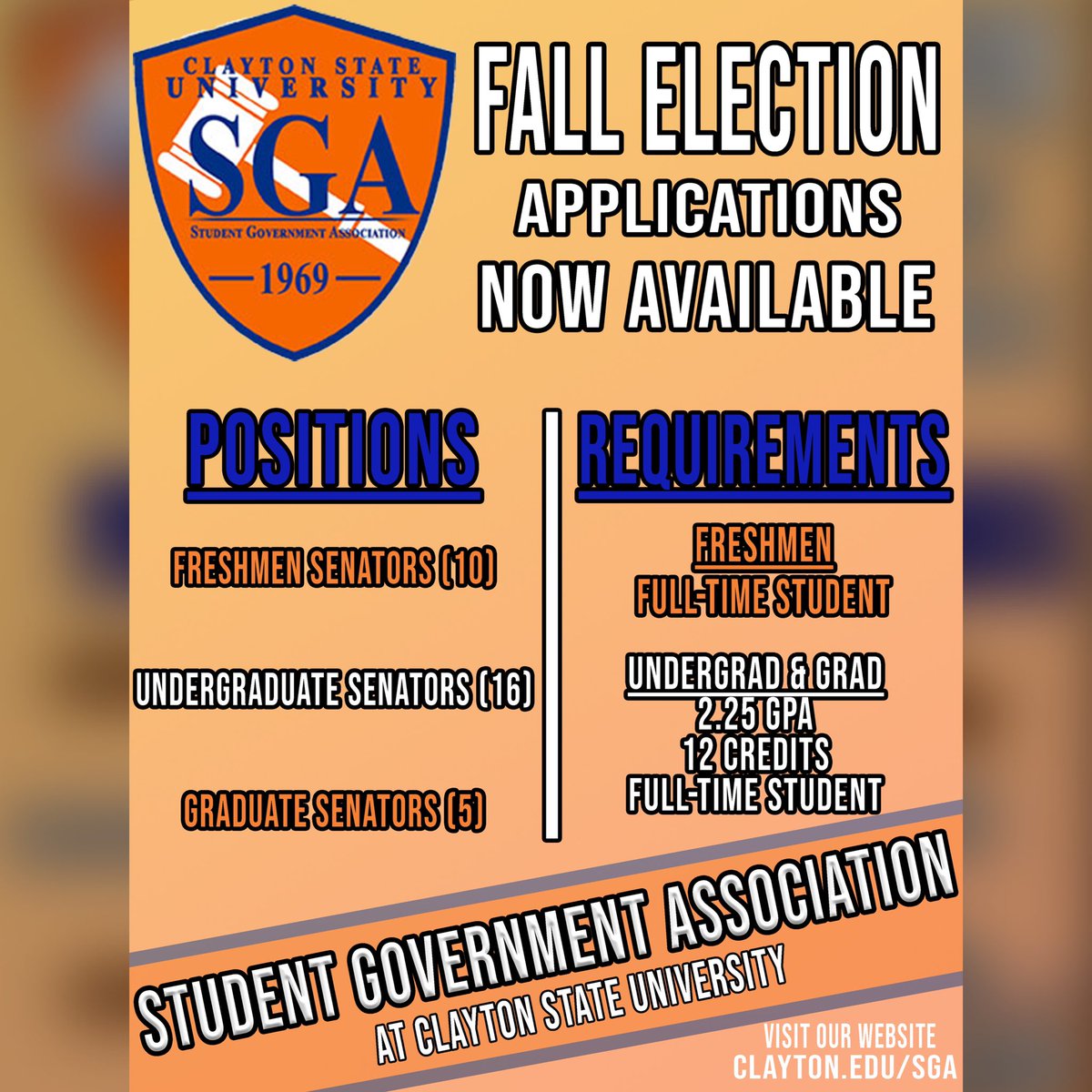 Interested in joining the Student Government Association? Then now is the time to join! 
Access all information regarding election via the link in our bio! 
Questions? Email us at SGA@clayton.edu or though Direct Message! 
#claytonstateuniversity #claytonstate #claytonnotcolumbus