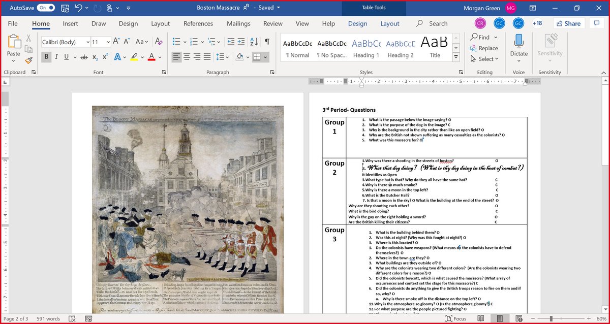 Analyzing Paul Revere's Boston Massacre using <a href="/RightQuestion/">Right Question Institute</a> &amp; their digital resources for QFT. Ss used a collaborative document, worked in groups, &amp; created these questions as part of their remote learning activity today. Incredible work! #MIEExpert <a href="/MIEE_Flopsie/">Flopsie Llama</a> <a href="/MicrosoftEDU/">Microsoft Education</a>