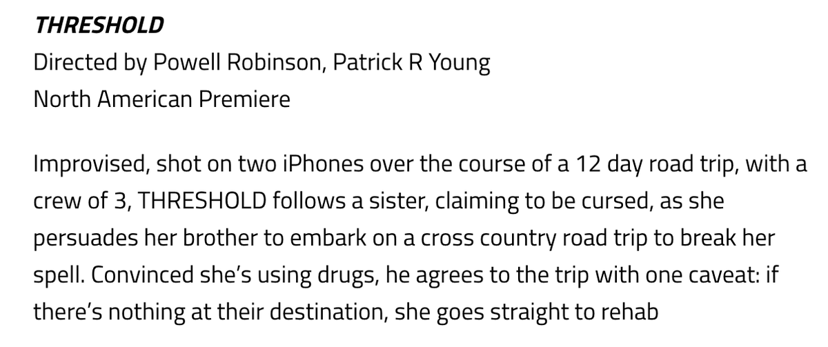 Almost two years ago, me, my co-director, my producer, and two actors drove 2,000 miles in two cars with two iPhones and no script. We made a movie.Now THRESHOLD will premiere at  @salemhorrorfest. So grateful to the fest and inspired by the people who made this movie real.