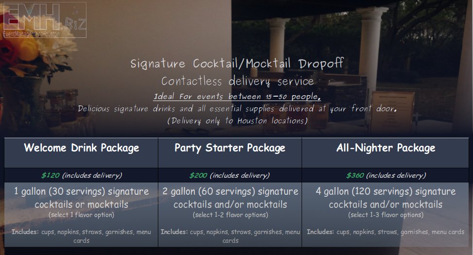 We are now offering contactless Signature Drink Drop-Off packages!
Have Delicious Made to order Mocktails and Cocktails delivered straight to your front door. 

#contactless #delivery #cocktails #mocktails #houston