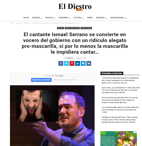 Ya denuncié que tras la promoción y emisión en directo de la mani convocada por Bosé había nexos con la extrema derecha (NostraTV/Eldiestro y Plataforma Barrio Salamanca). Incluso atacaron a  @SerranoIsmael por un hilo a favor del uso de la mascarilla. https://twitter.com/JulianMaciasT/status/1295385271907880961