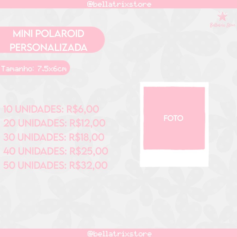 BellatrixStore's tweet image. 💌 Mini polaroid personalizada
- Tamanho: 7,5x6cm
- Papel fotográfico semi brilhoso com fundo branco
- Preços na foto.
💵 Pagamento por PicPay, depósito ou transferência.
💯 Pedidos via DM.
