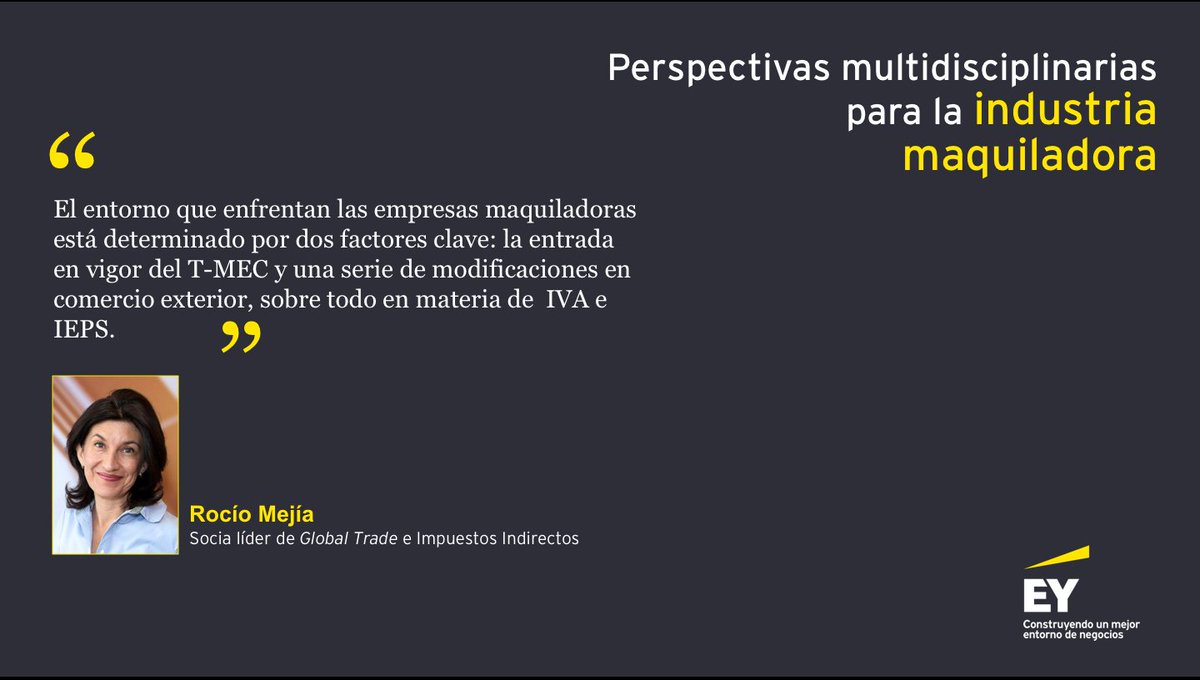 EYMexico's tweet photo. Ernesto Ocampo, de #ImpuestosInternacionales y Rocío Mejía, de #GlobalTrade e #ImpuestosIndirectos, comentan sobre el contexto actual de la industria maquiladora, y las modificaciones en #ComercioExterior tras la entrada en vigor del #TMEC.
#WebcastEY #EYTax https://t.co/KVKzYuzY6d