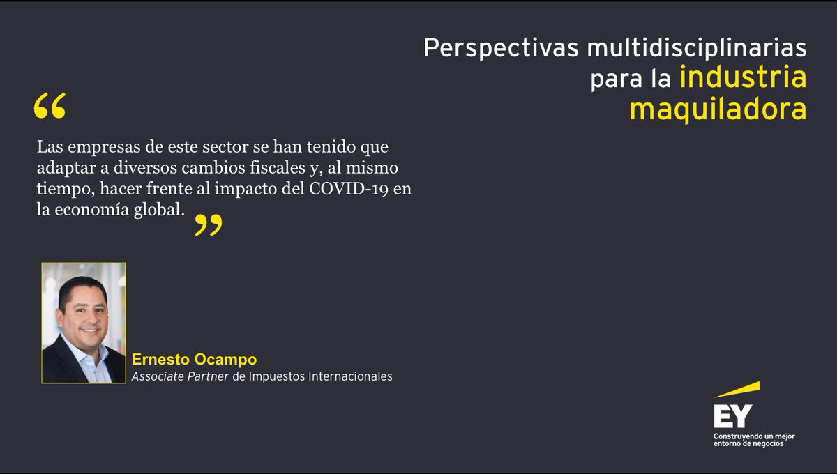 EYMexico's tweet photo. Ernesto Ocampo, de #ImpuestosInternacionales y Rocío Mejía, de #GlobalTrade e #ImpuestosIndirectos, comentan sobre el contexto actual de la industria maquiladora, y las modificaciones en #ComercioExterior tras la entrada en vigor del #TMEC.
#WebcastEY #EYTax https://t.co/KVKzYuzY6d