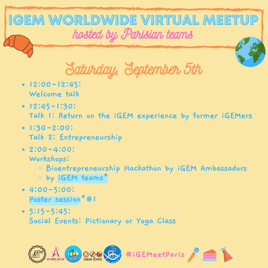 Feel free to join our slack channel on the iGEM Global 2020 existing account! # worldwide-virtual-meetup 

2020igem.slack.com/archives/C019D…

 #igemeetparis #igem #igem2020