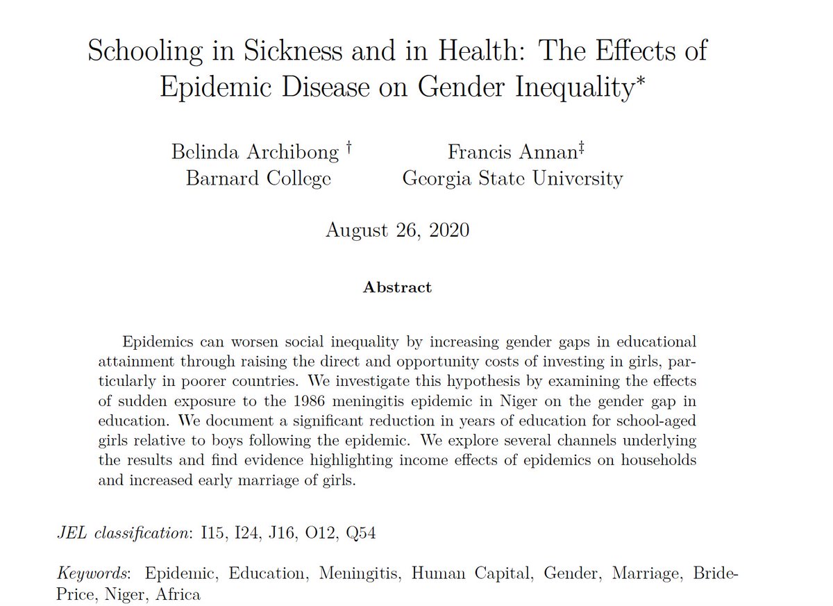 Belinda Archibong (@belindaarch) on Twitter photo It’s been a tough year and I’ve been getting a ton of questions/media requests to explain how epidemics can increase inequalities around race and gender. So re-posting this paper with <a href="/fannan2316/">Francis Annan</a> for reference. We wanted to understand how epidemics affect gender inequality 1/n It’s been a tough year and I’ve been getting a ton of questions/media requests to explain how epidemics can increase inequalities around race and gender. So re-posting this paper with <a href="/fannan2316/">Francis Annan</a> for reference. We wanted to understand how epidemics affect gender inequality 1/n