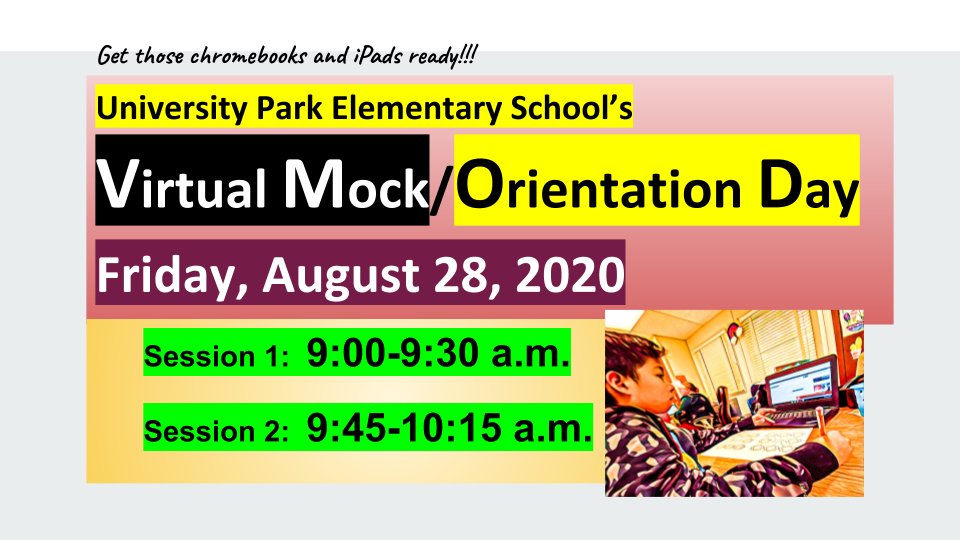 UPSoaringEagles's tweet image. This is a reminder that tomorrow, Aug 28, is our Virtual Mock/Orientation Day!  Let&apos;s all make sure that our chromebooks &amp;amp; iPads are ready for the first day of school!  Get ready to meet your teachers &amp;amp; classmates!
#PGCPS1stDay
#PlugInPGCPS
@pgcps 
@UPESPTA @UPSoaringEagles