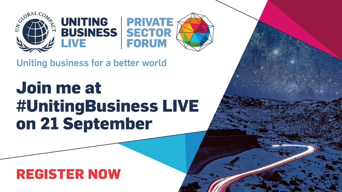 I am looking forward to speaking at the Private Sector Forum on 21 September as the UN <a href="/globalcompact/">UN Global Compact</a> brings the voice of business to the first-ever virtual #UNGA week.

Register now for #UnitingBusiness LIVE: registration.unglobalcompact.org/website/15648/…