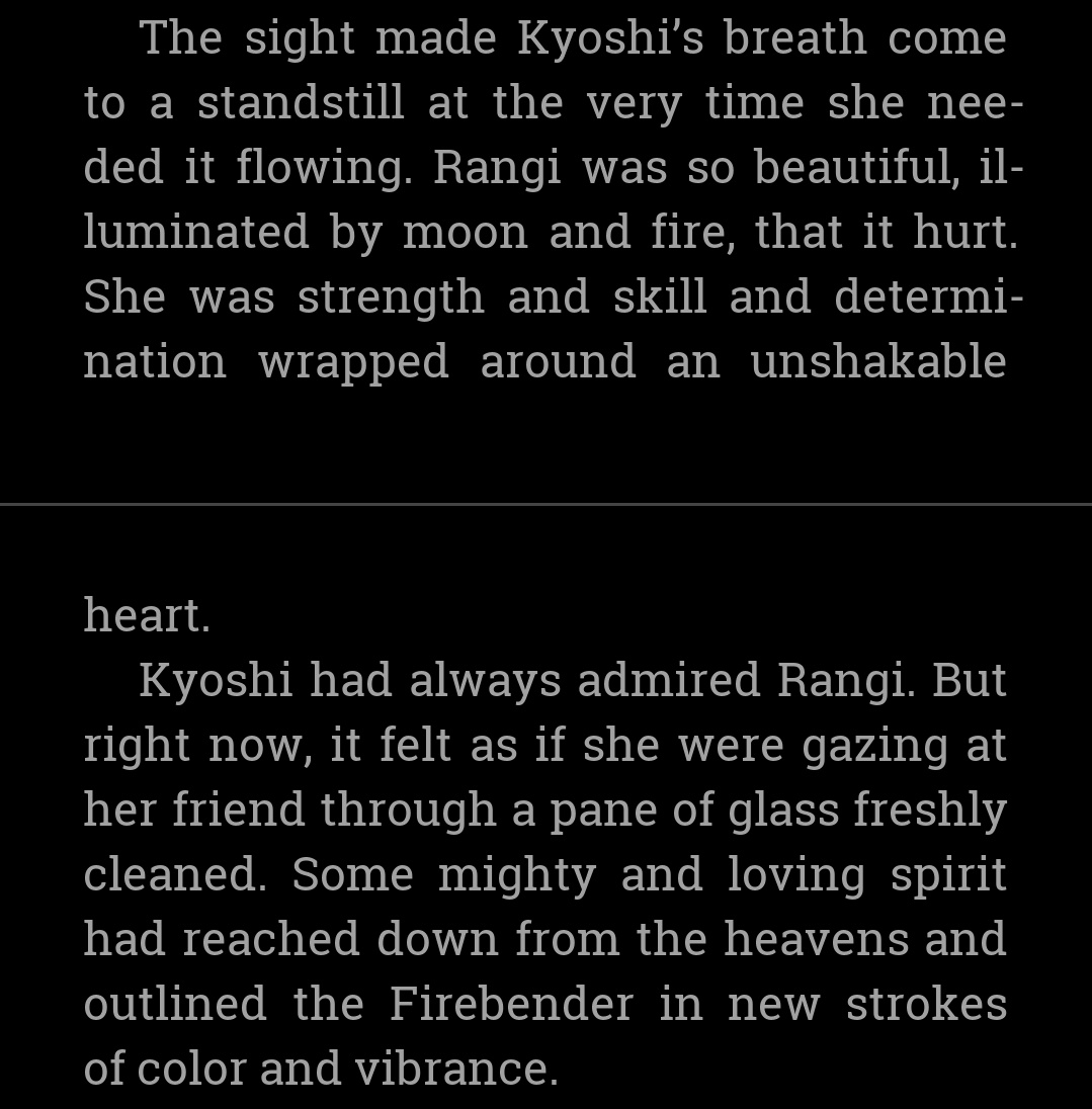 When Kyoshi was so mesmerized by Rangi's beauty. I really love how this was written it's just so beautiful. Name a better love story than Rangshi. 
