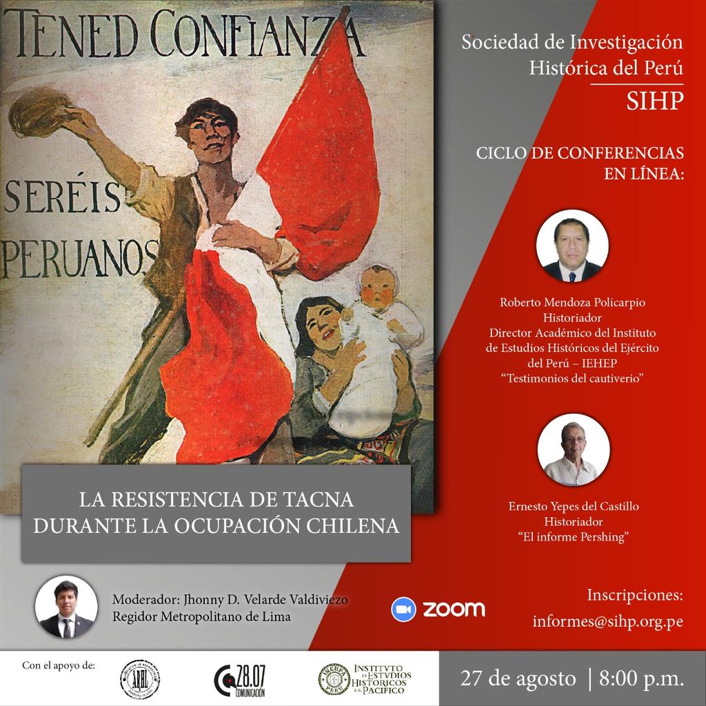 jhonnyvelarde15's tweet photo. En la víspera de la conmemoración por los 91 años de la reincorporación de Tacna al Perú, estaré moderando el evento "La resistencia de Tacna durante la ocupación chilena".
 
inscripciones al correo: informes@sihp.org.pe

¡No se lo pierdan!

#AlEncuentroDelBicentenario
#SIHP https://t.co/BPt77Hi5b3