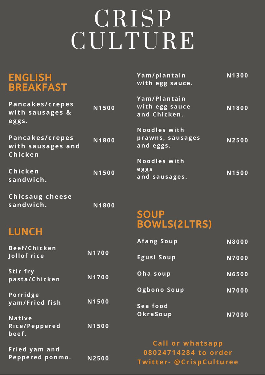 TheeDeraa's tweet photo. Menu Upgrade😍
You can now order your breakfast and lunch from us from Monday to Saturday. Orders are to be made 24hrs before delivery.

Please read through and Patronize. Thank you🙏🏾 https://t.co/8N4ix66HLc