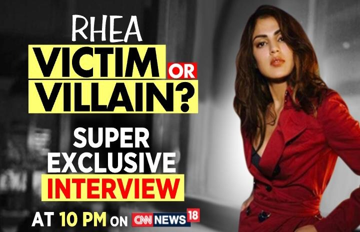 CNNnews18's tweet photo. UNMISSABLE AT 10pm! #RheaOnNews18

As The Nation Seeks #JusticeForSushant. 

Watch @Tweet2Rhea answer @maryashakil's probing questions.

Watch the power-packed, tell all #Exclusive interview at 10 PM, Only on CNN-News18. https://t.co/RuDkwQiXwT