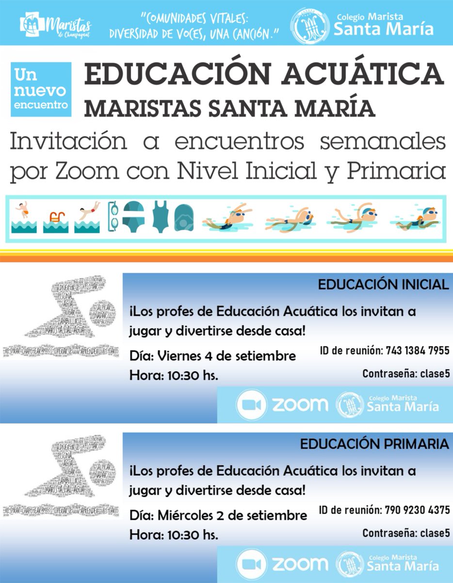 Una vez más los profes de Educación Acuática  les convocamos a un nuevo encuentro Zoom. Se realizará para NIVEL INICIAL el próximo viernes 4 de setiembre abierta a todos los alumnos de nivel 3 a 5 años, y para PRIMARIA el próximo miércoles 2 de setiembre a todo 1° a 6° año.