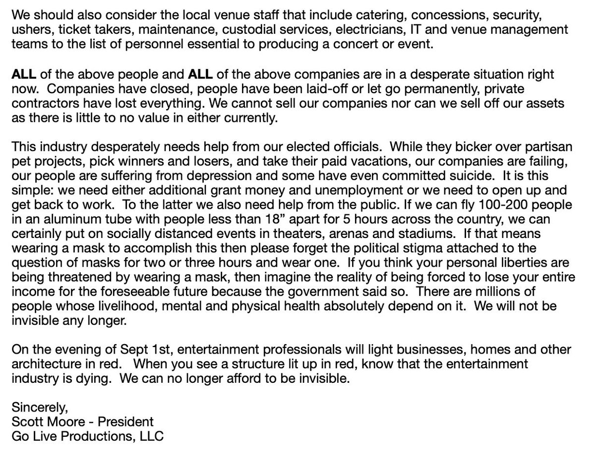 This is long, but it needs to be said.  

An open letter to the public on behalf of the entertainment industry.

#WeMakeEvents #RedAlertRestart #LightUpInRed #EventIndustryAwareness