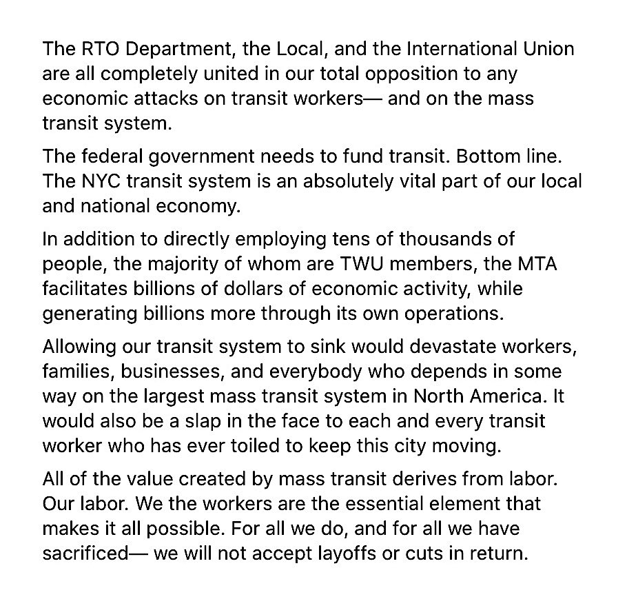 EricEddy100's tweet photo. #RespectTransitWorkers #ProtectTransitWorkers #SaveMassTransit #NoLayoffs #Solidarity

@MTA @NYCTSubway @NYCTBus @SenateDems @SenateGOP @SenSchumer @senatemajldr @TWULocal100 @transportworker @CentralLaborNYC @AFLCIO @APTA_Transit https://t.co/5oU2qgQPuV