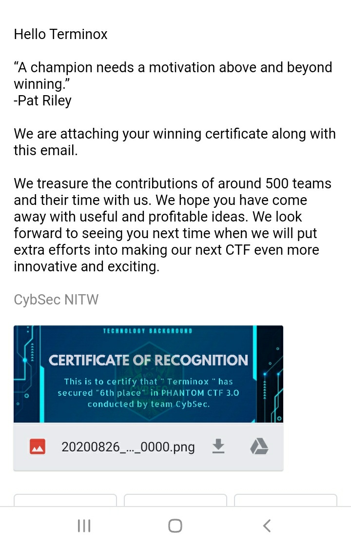 r3yc0n1c's tweet photo. Thanks @CybsecNITW for organizing such an amazing event.
#Terminox #6th #CTF #teamwork https://t.co/irMCXxi0ry