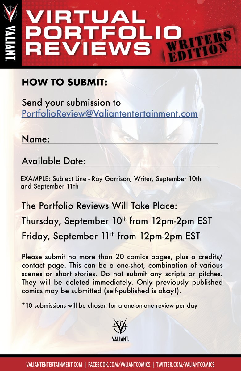 How do I submit?Here's the basic form.Please read and follow all directions carefully. Any submissions that don't follow them will be deleted. Immediately! Especially if they're NOT PDF's. Do not pass go. Do not collect $200. Do not throw away your shot, people! #stayvaliant