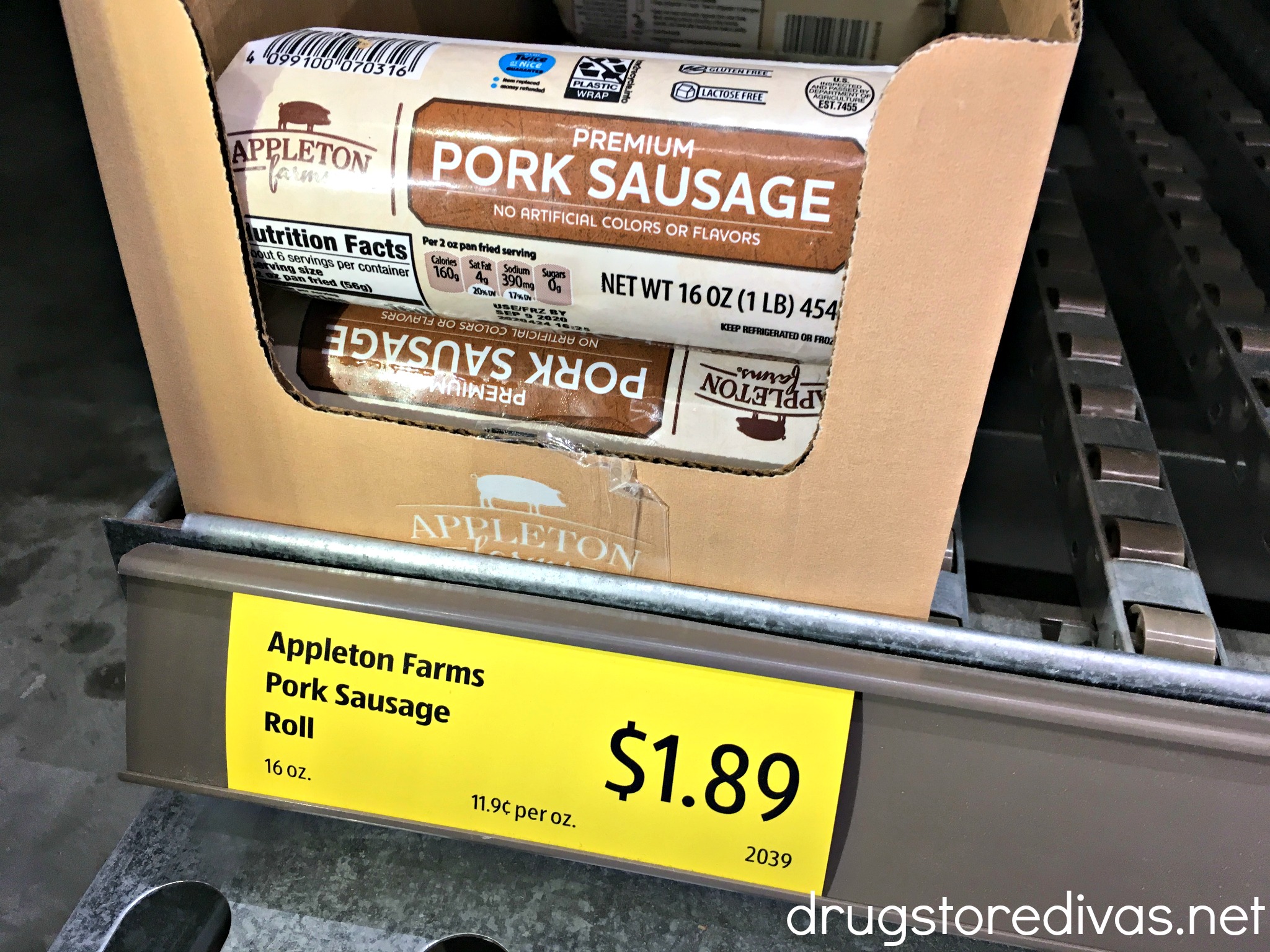 Pork sausage on a shelf.