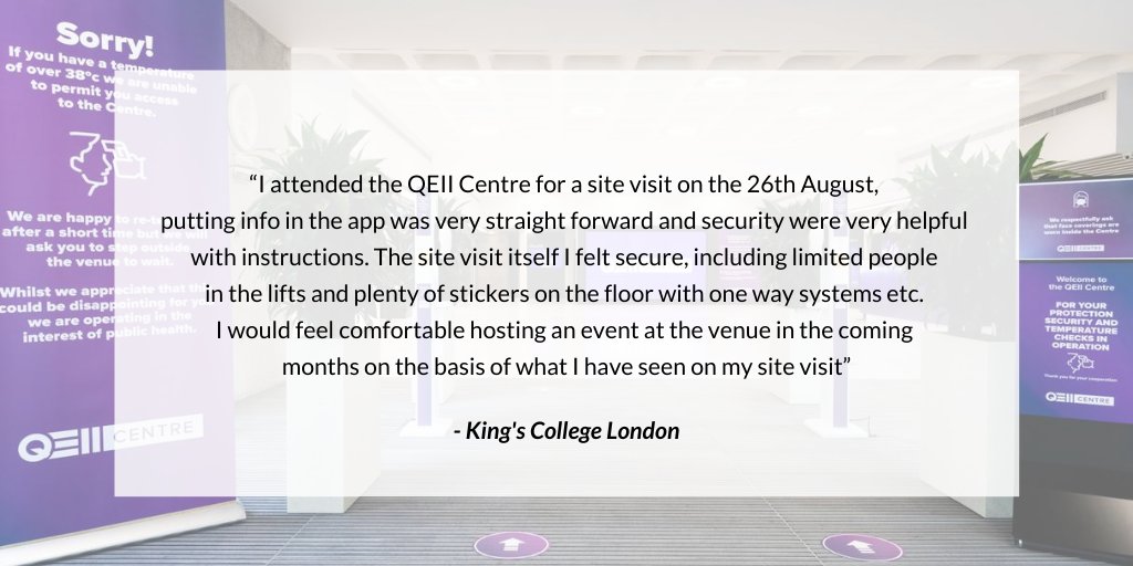 QEIICentre's tweet photo. Thank you to King's College London for the kind testimonial after visiting the QEII Centre for a site visit on 26 August.
We are delighted you were impressed with the safety measures, including the Goaco track and trace app!
#getbritainmeeting #safeevents #eventprofsuk https://t.co/J8DO8wl5Jp