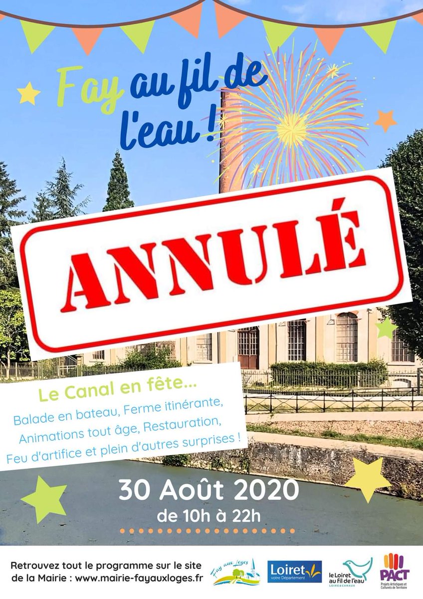 leloiret's tweet image. //#ÉVÉNEMENT #Annulé// ⚠ 
La circulation du #COVIDー19
étant très active dans le #Loiret, l'événement FAY AU FIL DE L'EAU prévu ce dimanche à Fay-aux-Loges est annulé 😔. Merci pour votre compréhension.