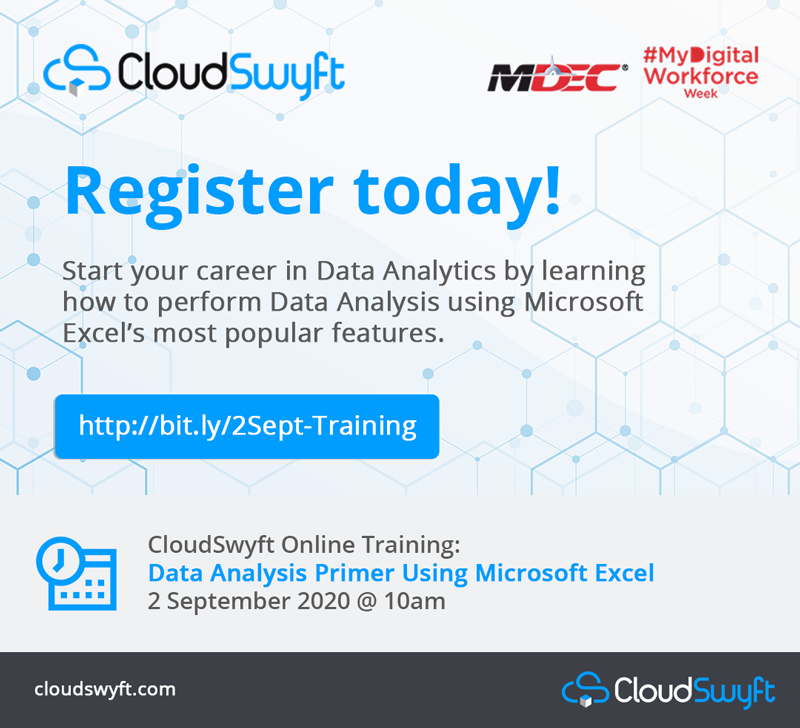 cloudswyft's tweet photo. 🇲🇾 Learn the basics of Microsoft Excel and it's most popular features to start your career in Data Analystics.

Register: https://t.co/CS9zAciJYV

**This FREE training session is in partnership with 
@mymdec
 #mydigitalworkforceweek https://t.co/EQrHH7cuRr