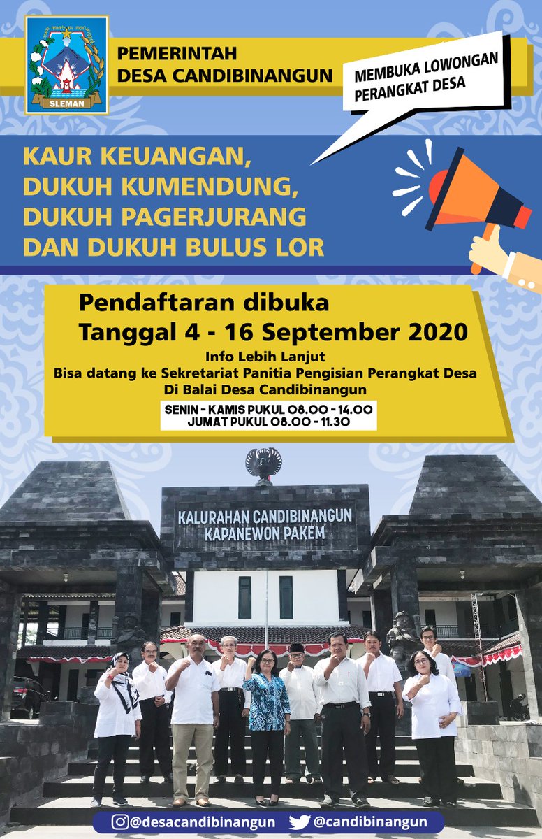 Pemerintah Desa Candibinangun mengalami kekosongan 4 jabatan Perangkat Desa yang harus segera diisi. Empat jabatan tersebut adalah Kaur Keuangan, Dukuh Pagerjurang, Dukuh Kumendung, Dukuh Bulus Lor yang kosong karena Pejabat yang lama telah purna tugas. desacandibinangun.wordpress.com