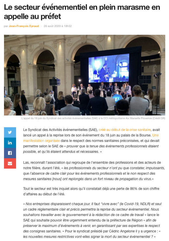 Dans ce contexte de crise sanitaire, Cédric Angelone, co-président du <a href="/SyndicatAE/">Syndicat des Activités Événementielles</a>, se mobilise pour défendre les entreprises du secteur de l’événementiel. 

Merci à <a href="/cometmedias_sud/">Gomet' Com et Médias</a> pour l'article et à <a href="/France3Provence/">France 3 Provence</a> pour le reportage vidéo : france.tv/franceinfo/12-…
