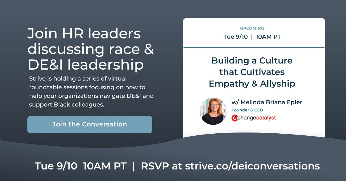  A promotional image for Strive DEI conversations featuring the logistics and a picture of Melinda Epler