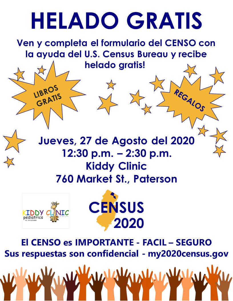 CityPatersonNJ's tweet photo. HAPPENING NOW!
Get Counted and Get a Cone!
Come out and Complete the Census and get free ice cream!
Kiddy Clinic - 12:30PM - 2:30PM
760 Market Street
#Census2020 #PatersonCounts #GetCounted https://t.co/Q0fUsqqGpb