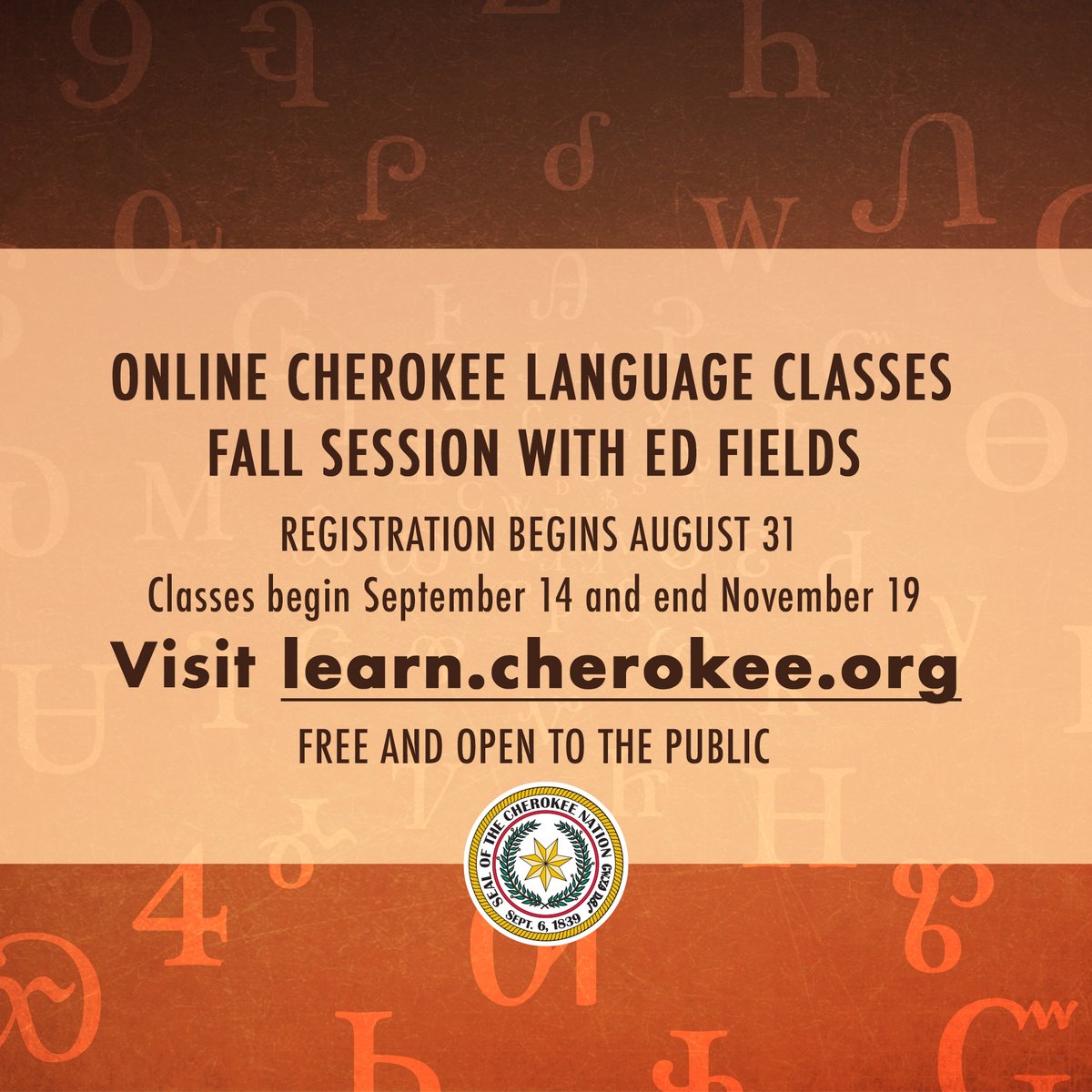 CherokeeNation's tweet photo. Wanting to learn the Cherokee language? We have the perfect opportunity! The Cherokee Nation Language Program is offering a free online Cherokee language class this fall! Details below⬇️  

For more information or to register for the class, visit https://t.co/YOhTp9YYVl https://t.co/sVyTu2nCsu