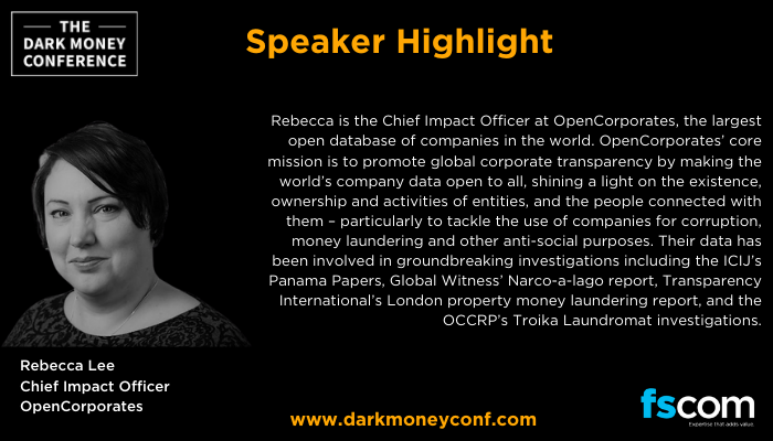 FSCom1's tweet photo. We are delighted to announce that our next speaker for the Dark Money Conference 2020 is Rebecca Lee, Chief Impact Officer at OpenCorporates.

#darkmoneyconf #jointhefight #fincrime #strongertogether

https://t.co/jFr50TO3Aa https://t.co/LOscSsrsOf