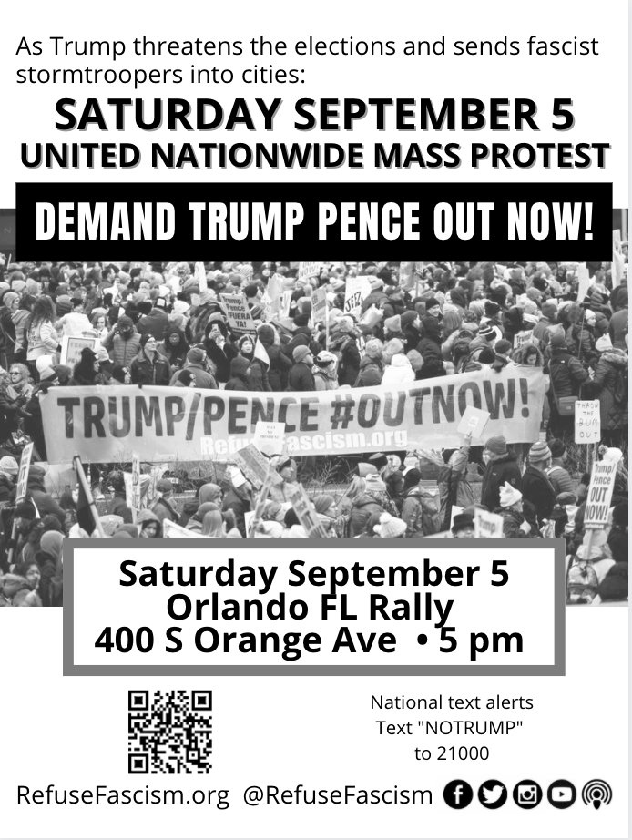 RefuseFascismFl's tweet image. We can&apos;t wait until November to address the rising threat of the Trump administration&apos;s authoritarianism. We&apos;re taking to the streets nationwide to call for Trump/Pence OUT NOW! #OUTNOW #TrumpPenceOutNow #TrumpPenceMustGo