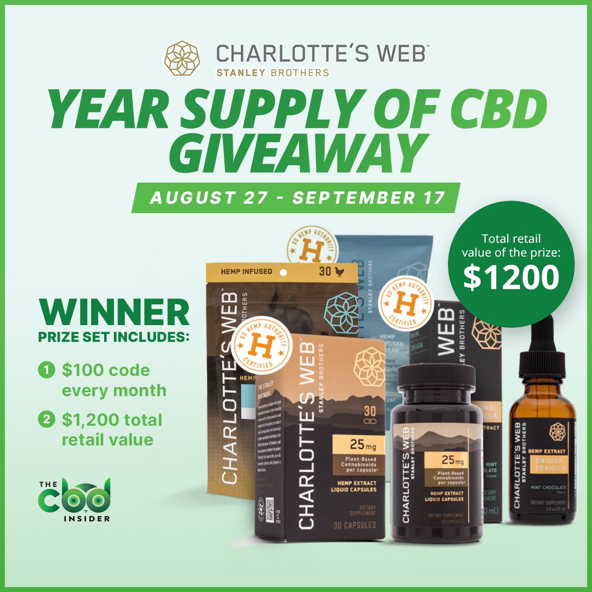 thecbdinsider's tweet photo. Win a years' supply of @charlottesweb products ⭐️ Choose from the #CharlottesWeb lineup, including "the best CBD topical we've reviewed in terms of sensory experience, hands down."

Head to @thecbdinsider #giveaways page to enter: https://t.co/5HnrlKEBDe https://t.co/FMgI7aj6of