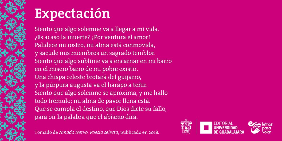 Celebramos la vida de #AmadoNervo a 150 años de su nacimiento. 

Su amplia escritura abarca poesía patriótica, vernácula, infantil, amorosa, religiosa o mística.

Descarga la obra "Amado Nervo. Poesía selecta" editado para <a href="/Letrasparavolar/">Letras para volar</a> en: 

editorial.udg.mx/gpd-amado-nerv…

#UDGedita