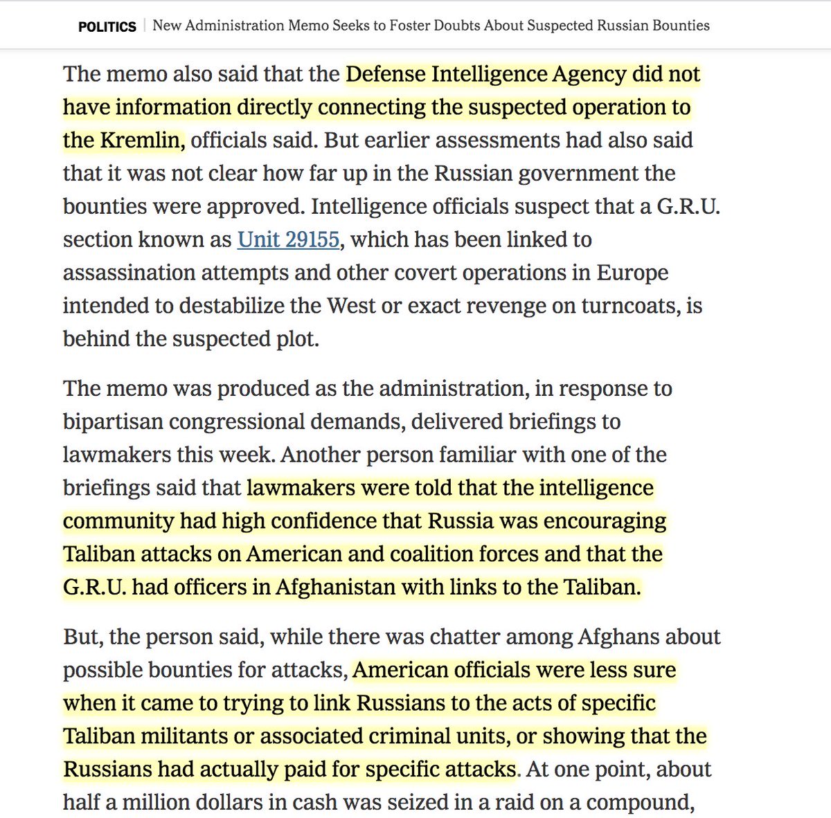 Risen & Cole omit -- as they did in their earlier story -- that, *at most*, CIA had "medium confidence" in bounty allegation -- & that other agencies, DIA & NSA, had strong doubts. This late official, Anthony Schinella, was CIA. So he would have had ZERO impact on others' doubts.