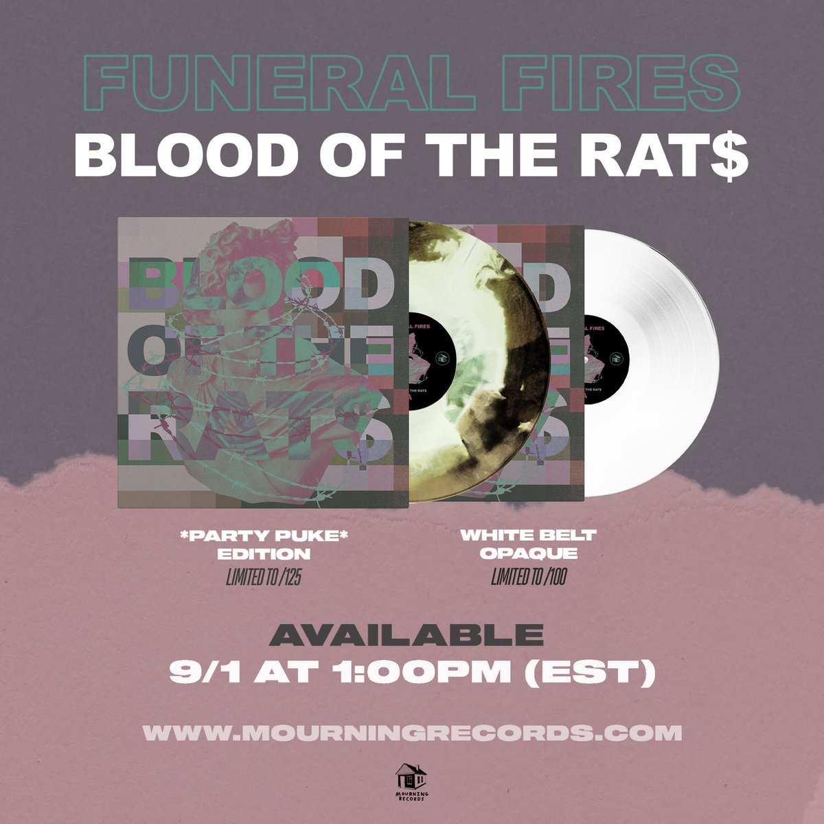 mourningrec's tweet photo. We’re happy to be working with @funeralfires on their debut LP BLOOD OF THE RAT$. Pre-order *PARTY PUKE* edition and white belt opaque limited vinyl variants THIS TUESDAY at 1PM

BLOOD OF THE RAT$ premiering now at @brooklynvegan 

https://t.co/5mkIOD7vz2
https://t.co/APZwrv6q0b https://t.co/RNqzh4tiNX