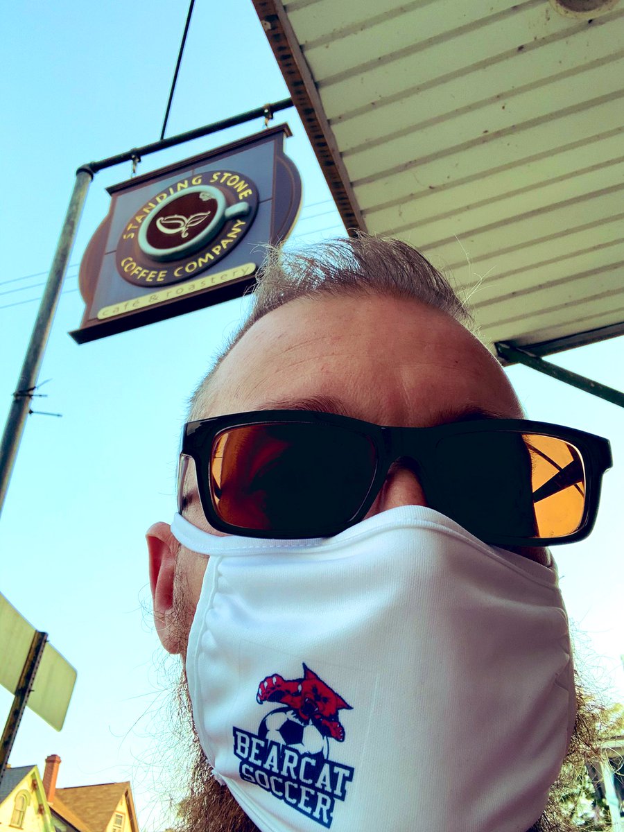 BertWMcBrayer's tweet photo. Our weekly early morning walk to @ssccbean for some delicious coffee while sporting the ever-so-stylish @HAHSMensSoccer mask. #CoffeeZombie https://t.co/LLFxaQ3MnE