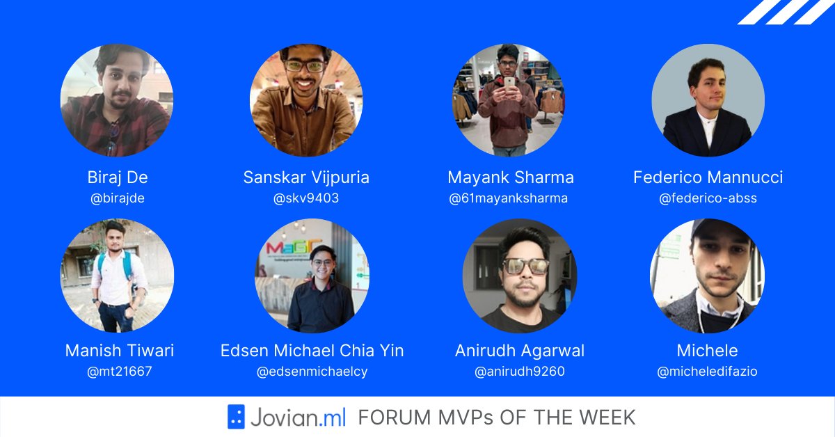 JovianHQ's tweet image. We are excited to announce Jovianml MVPs of the week.

Check out their profiles using the handles on the banner.

Join us as we celebrate their contributions!🎉
Support others in forum to get featured