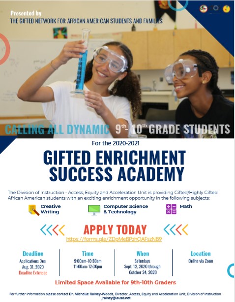 LASchools's tweet photo. .@LAUSD_Achieve is hosting the Gifted Enrichment Success Academy, an exciting enrichment opportunity for gifted/highly gifted African-American students in Grades 6-8 and 9-10.  The deadline is Monday, so apply today. https://t.co/cfJXbIq52W