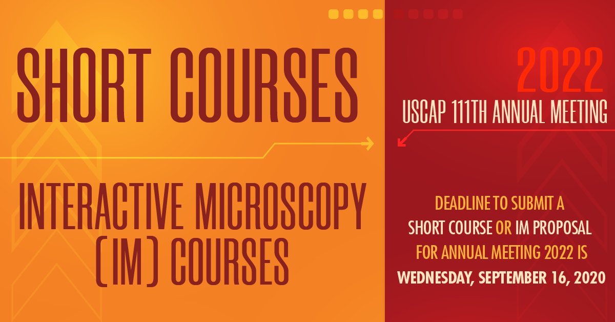 TheUSCAP's tweet image. Just a reminder - you have until September 16 to submit proposals for our 2022 Annual Meeting Short Courses and Interactive Microscopy sessions.
uscap.org/proposals/