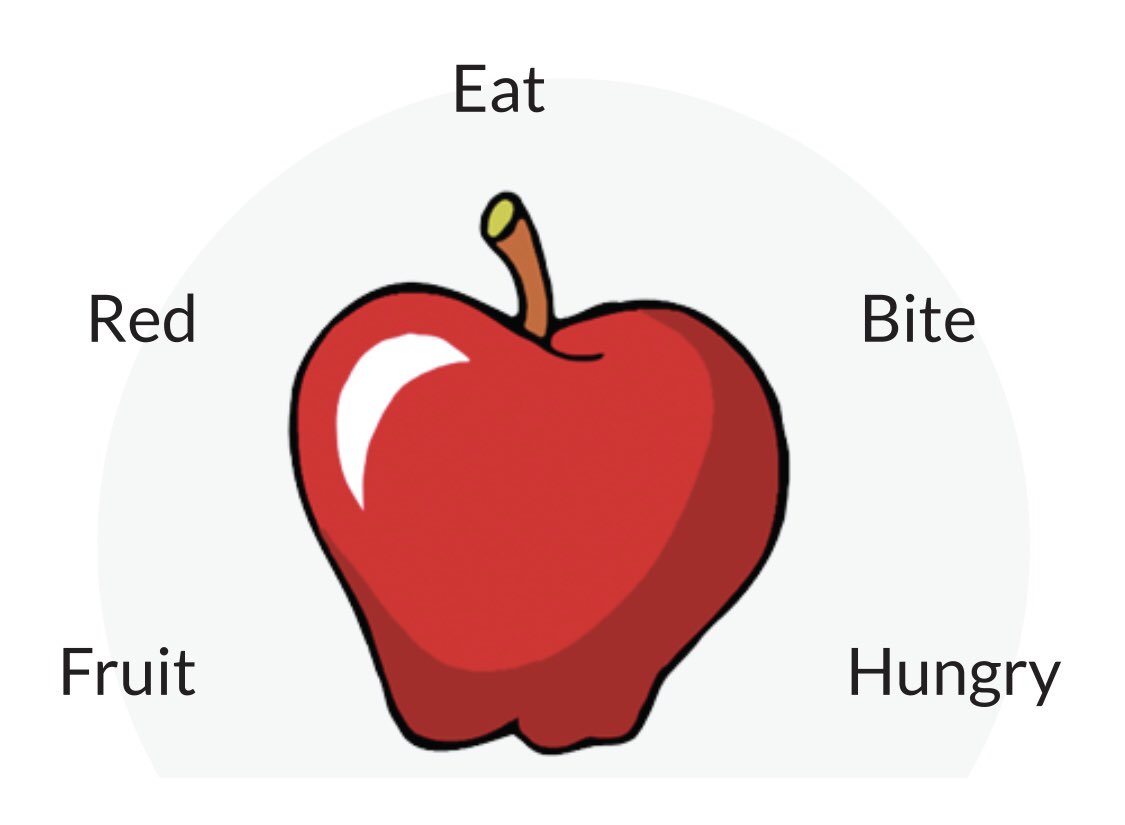 Dibujo de una manzana con las palabras alrededor: fruta, roj