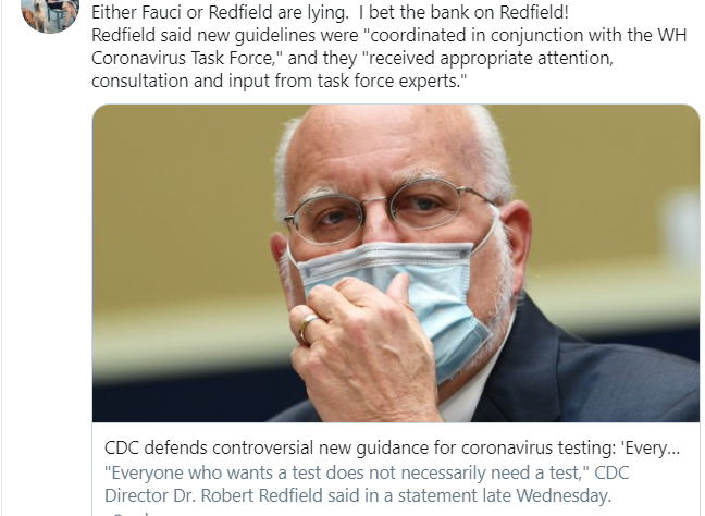 DaintreeGross's tweet photo. So the WH Coronavirus Task Force told the CDC to change testing and not test asymptomatic people, while Dr Fauci was under general anesthetic for throat surgery and couldn't be consulted - And this timing wasn't deliberate? #testing #CDCBowsToTrump https://t.co/bpfZLwdlbA