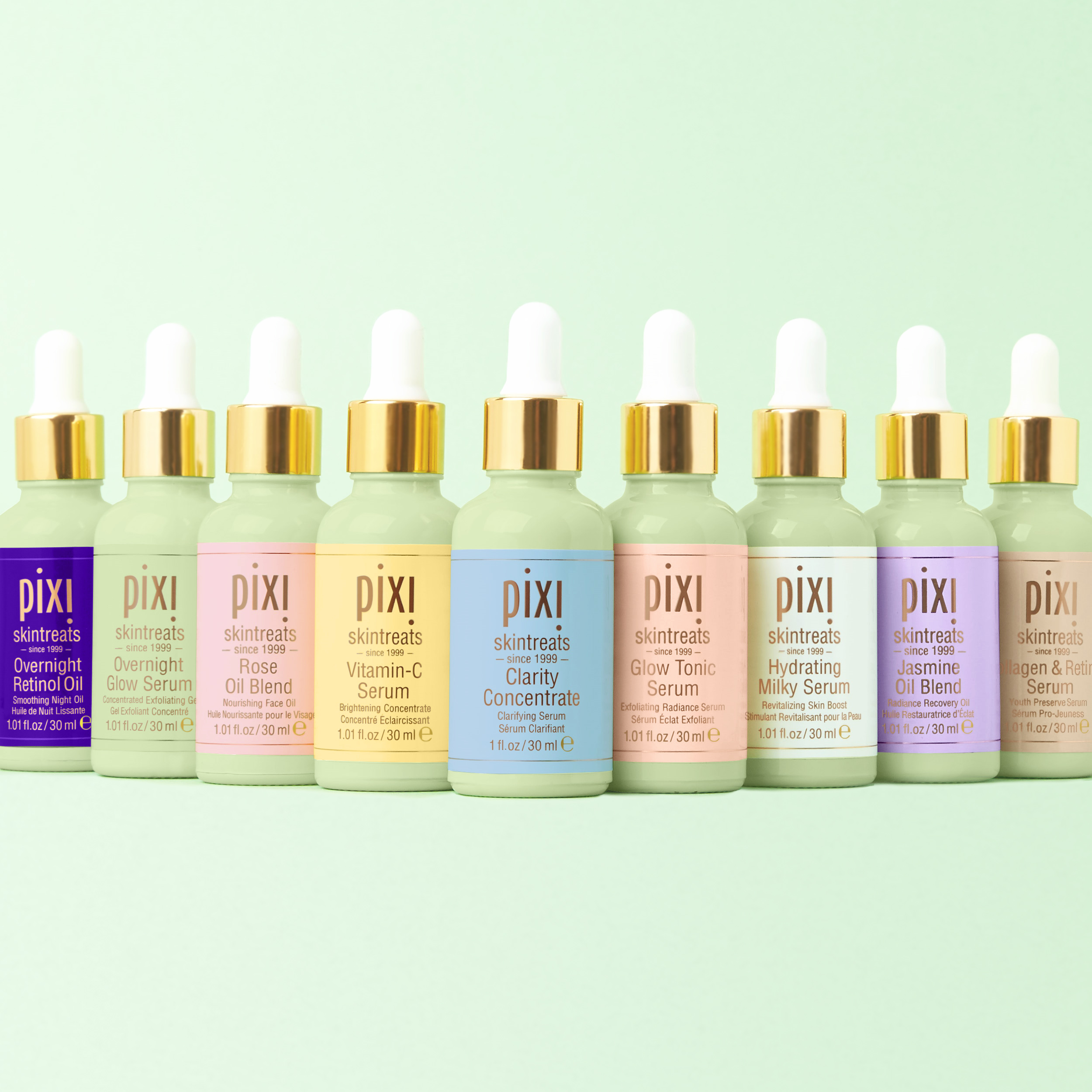 Pixi By Petra Mix Match Our Serum Essentials To Create Your Own Customized Pixi Perfection Overnight Retinol Oil Overnight Glow Serum Rose Oil Blend Vitamin C Serum Clarity Concentrate Glow Tonic Serum Hydrating Milky Serum