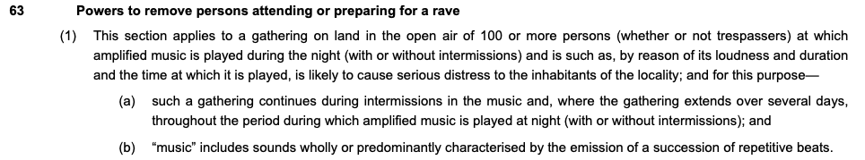 A rave (regulation 5A) is defined as a 'section 63 type gathering' which cross refers to an already existing definition of a rave in other legislation  https://www.legislation.gov.uk/ukpga/1994/33/section/63/enacted/5