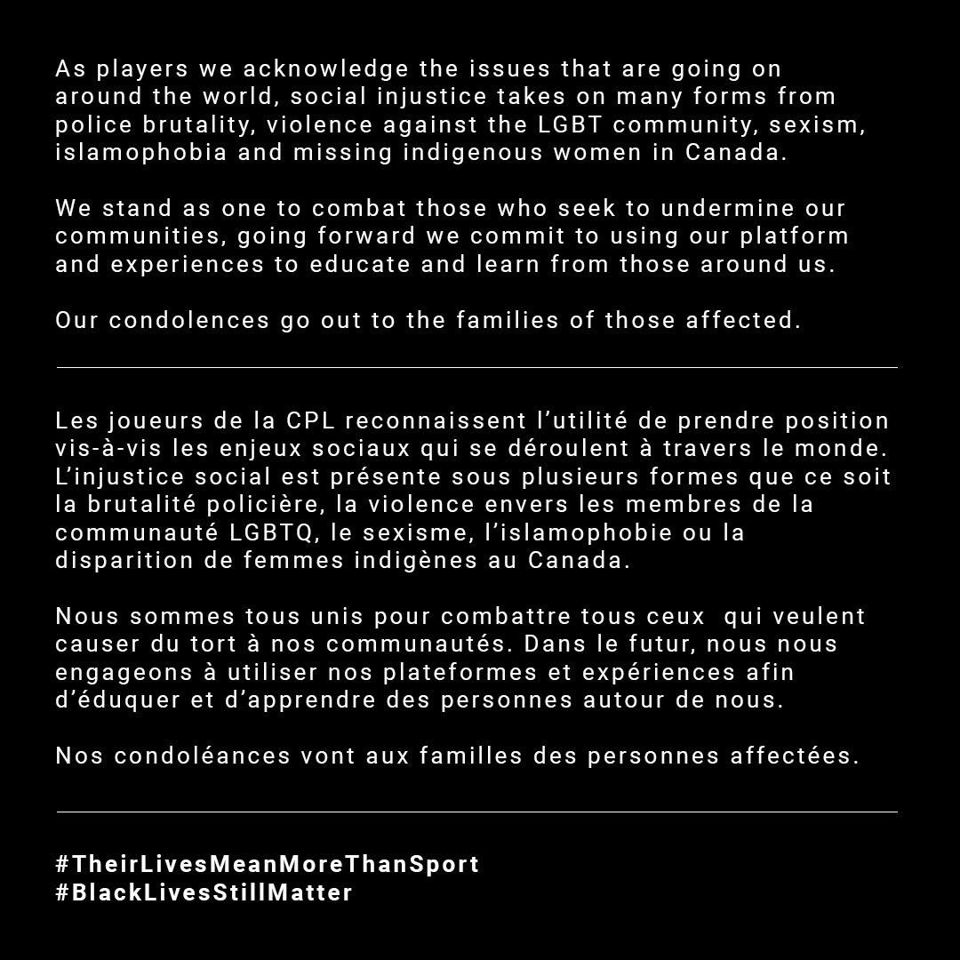 🗣 A message strictly from the players of the CPL! 

CHANGE NEEDS TO HAPPEN NOW!

#blm #BlackLivesMatter