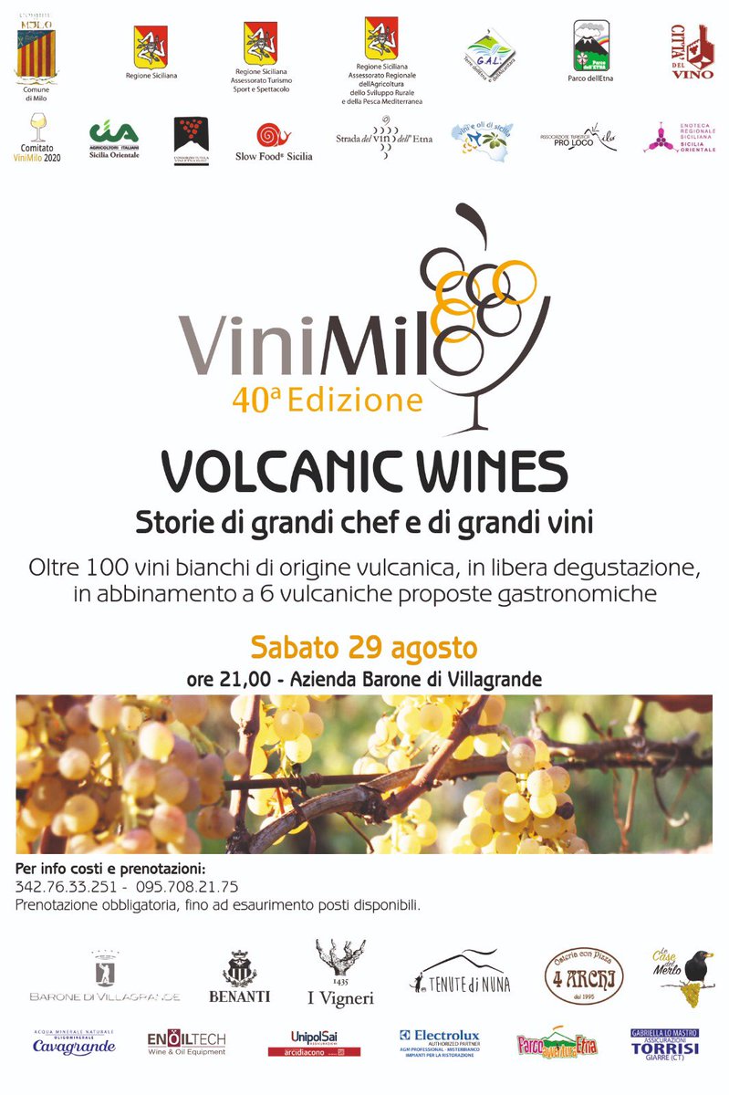 A #ViniMilo imperdibile serata dei #Vini #Vulcanici, dall’#Etna, dal resto d’Italia, dall’estero. Oltre 100 etichette in libera degustazione in abbinamento a sei proposte gastronomiche di qualità nel magnifico scenario della storica cantina-resort Barone di Villagrande a #Milo