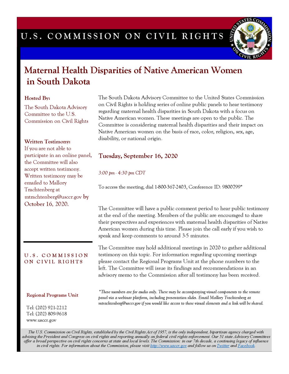 USCCRgov's tweet photo. USCCR State Advisory Committee Flyer
South Dakota Advisory Committee to Hear Testimony on Maternal Health Disparities of Native American Women
#USCCRSAC #SDSAC https://t.co/VSTyrsoiN2