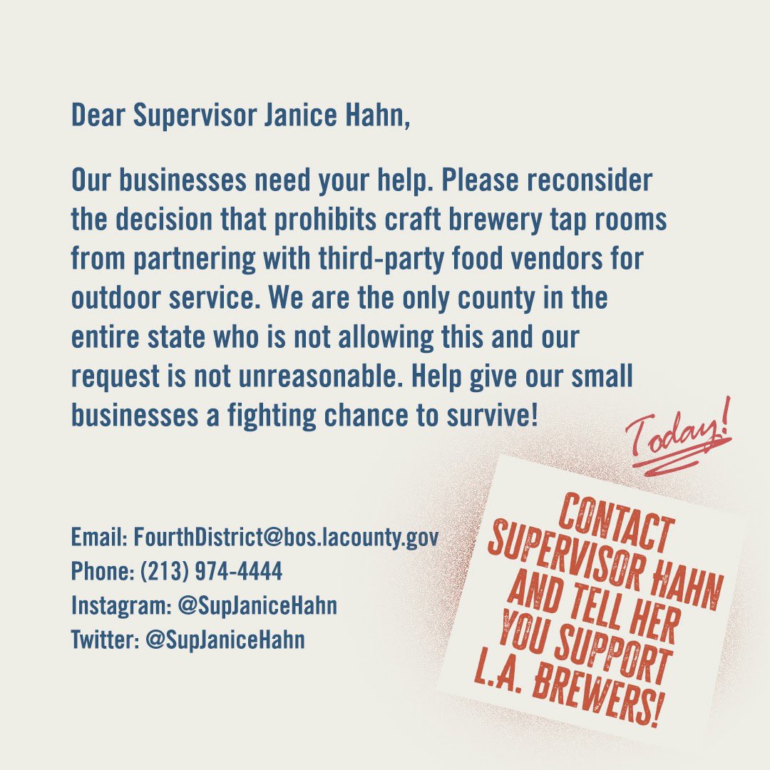 Dear @SupJaniceHahn, we join @LABrewers in their strong request for the @LACountyBOS to reconsider how brewery tap rooms & third-party food vendors can operate. L.A. is the only county not allowing this & our businesses are on the verge of collapse. PLEASE help #SaveLABrewers!
