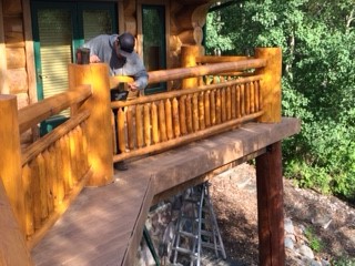 MH_WoodS's tweet image. A deck restoration project for one of our long time clients near Sherwood Park. Our crew replaced support posts under the deck that had rotted and then replaced the railing along the upper deck.  Stain used was Lifeline Ultra 2 in Autumn Gold. #logcabin #logbuilder #cabinlife